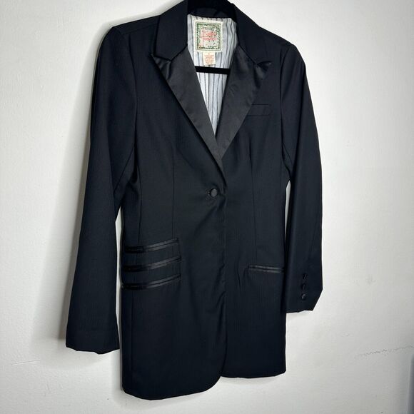 Flying Tomato Black Long One-Button Tuxedo Blazer Satin Trim Lapel & Pockets M - Picture 2 of 12